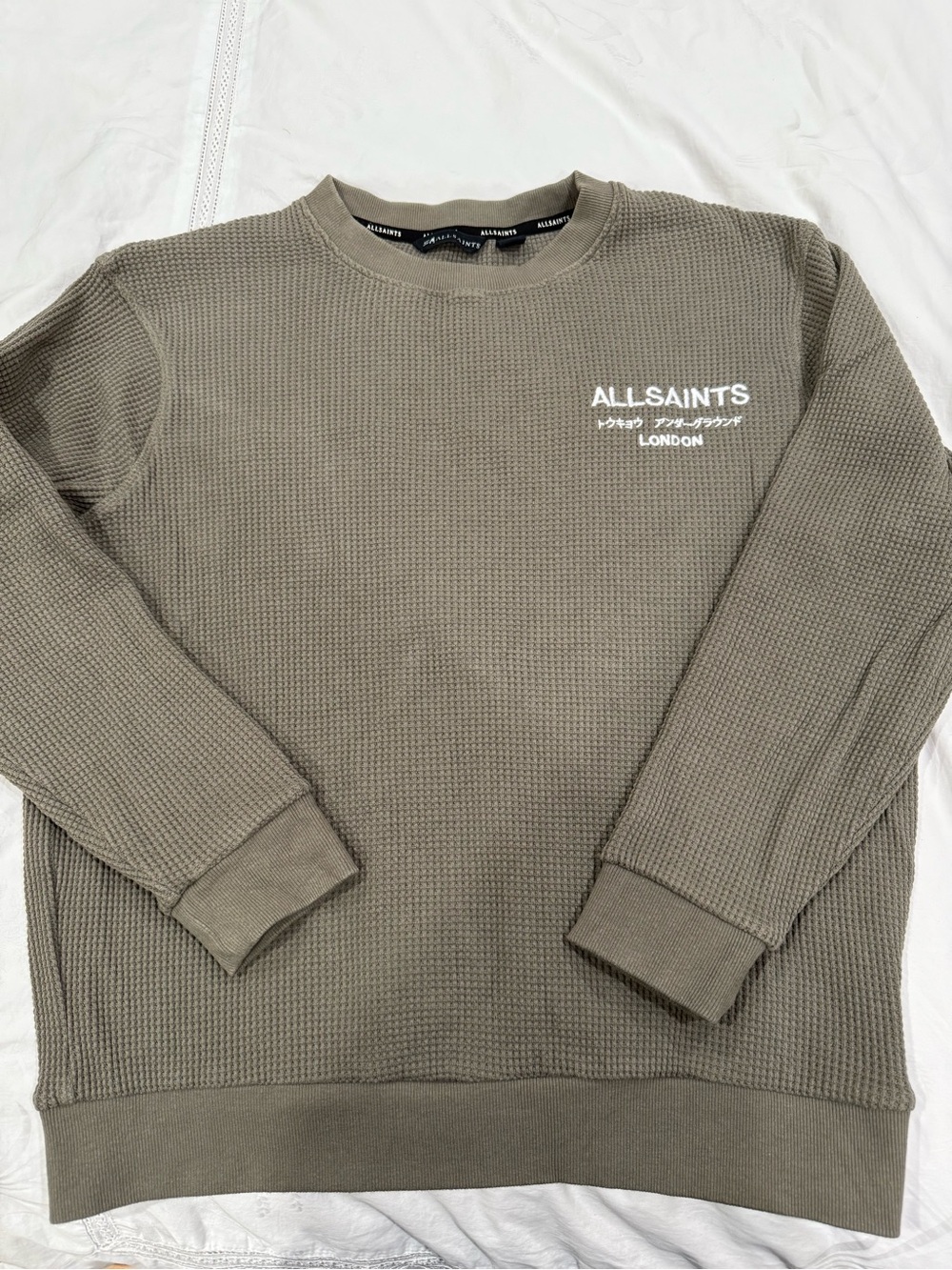All Saints Crewneck Waffle Sweatshirt in Olive Green